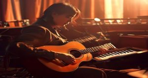 Guitar acoustic và bản nhạc trên bàn